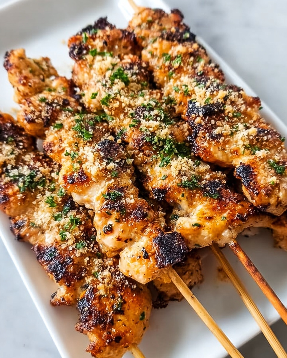 The image shows five grilled chicken skewers on a white rectangular plate placed on a white marbled surface. Each skewer has golden-brown grilled chicken pieces with visible char marks and a slightly crispy texture. The chicken is topped lightly with finely chopped green herbs and sprinkled with grated cheese or crumbs. The skewers are arranged side by side in a neat row, with the wooden sticks extending out from the plate. The overall look is inviting and well-cooked, with a combination of warm browns and fresh green accents. Photo taken with an iphone --ar 4:5 --v 7