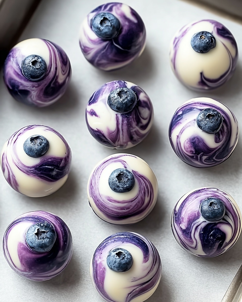 Nine round treats sit neatly on white parchment paper over a baking tray, each about the size of a small ball. Each one has a smooth, glossy outer layer with a marbled swirl pattern in white and deep purple, resembling blueberry colors. Inside the swirls, small whole blueberries are visible, some slightly poking out from the shiny surface. The texture looks smooth and shiny, as if coated with a thin layer of glaze. The white marbled background underneath highlights the rich purple and white colors. photo taken with an iphone --ar 4:5 --v 7