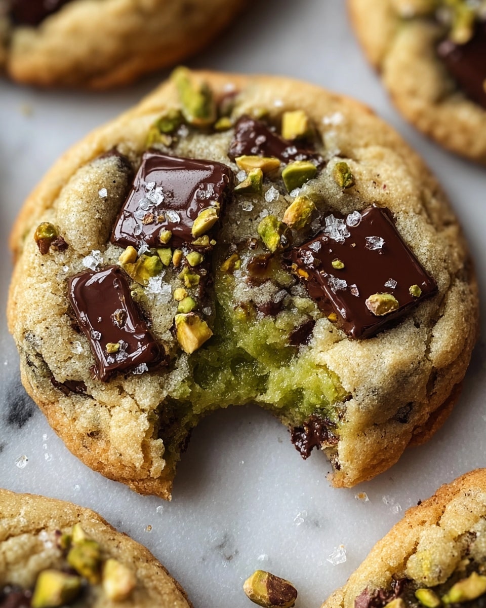 A close-up view of a single golden-brown cookie with a rough, slightly crispy texture, broken open to reveal a soft, gooey green pistachio cream center inside. The top of the cookie is decorated with large, shiny chunks of dark chocolate and small pieces of chopped pistachios, along with a light sprinkling of coarse sea salt crystals. The cookie rests on a white marbled surface, with other similar cookies slightly blurred in the background. photo taken with an iphone --ar 4:5 --v 7