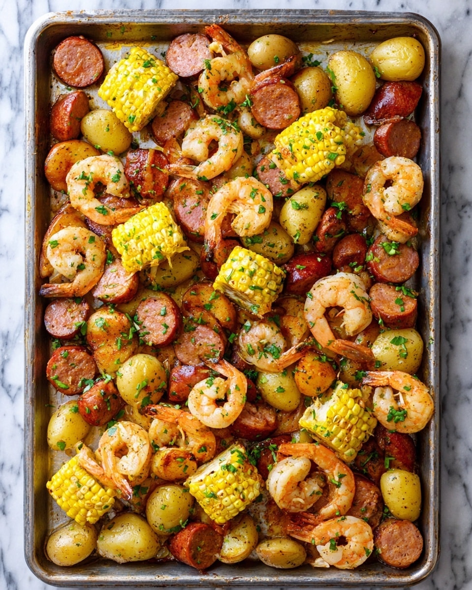 A large rectangular metal baking tray filled with a colorful mix of cooked shrimp, sliced sausage, whole small yellow potatoes, and thick corn on the cob pieces, all scattered evenly across the tray. The shrimp are pink with curled tails and some have a slight char, the sausage slices are reddish-brown and juicy, the corn pieces are bright yellow with some grill marks, and the potatoes have a golden tan color. The food is sprinkled with chopped green herbs, adding a fresh visual contrast. The tray rests on a white marbled surface. photo taken with an iphone --ar 4:5 --v 7