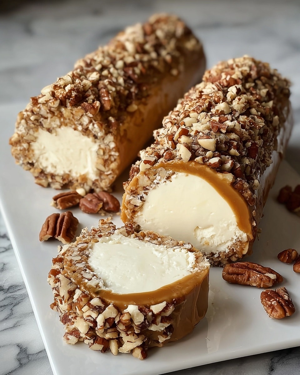 The image shows two log-shaped desserts on a white rectangular plate with a white marbled surface beneath. Each log has a creamy white center that looks smooth and soft. Around this center is a thick golden caramel layer that glistens under the light, covered in a layer of chopped pecan nuts which add texture with their brown and beige colors. One of the logs is cut to show the creamy inside clearly, while the other remains whole, both surrounded by extra scattered pecan pieces. Photo taken with an iphone --ar 4:5 --v 7