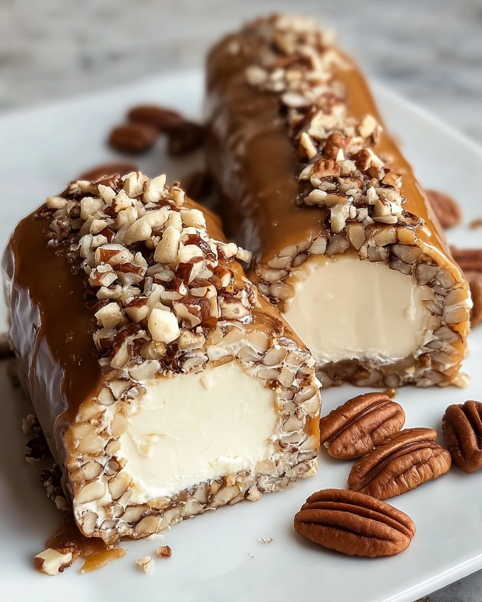 Two log-shaped dessert pieces are placed on a white plate over a white marbled texture surface. Each has three layers: the inside is creamy white and smooth, the middle layer is covered with chopped pecans in a mix of light and dark brown shades, and the outer layer is a shiny, thick caramel coating that holds the nuts in place. The front log is cut to show the creamy center clearly, while the back log remains whole. Extra pecan pieces are scattered around the plate. Photo taken with an iphone --ar 4:5 --v 7