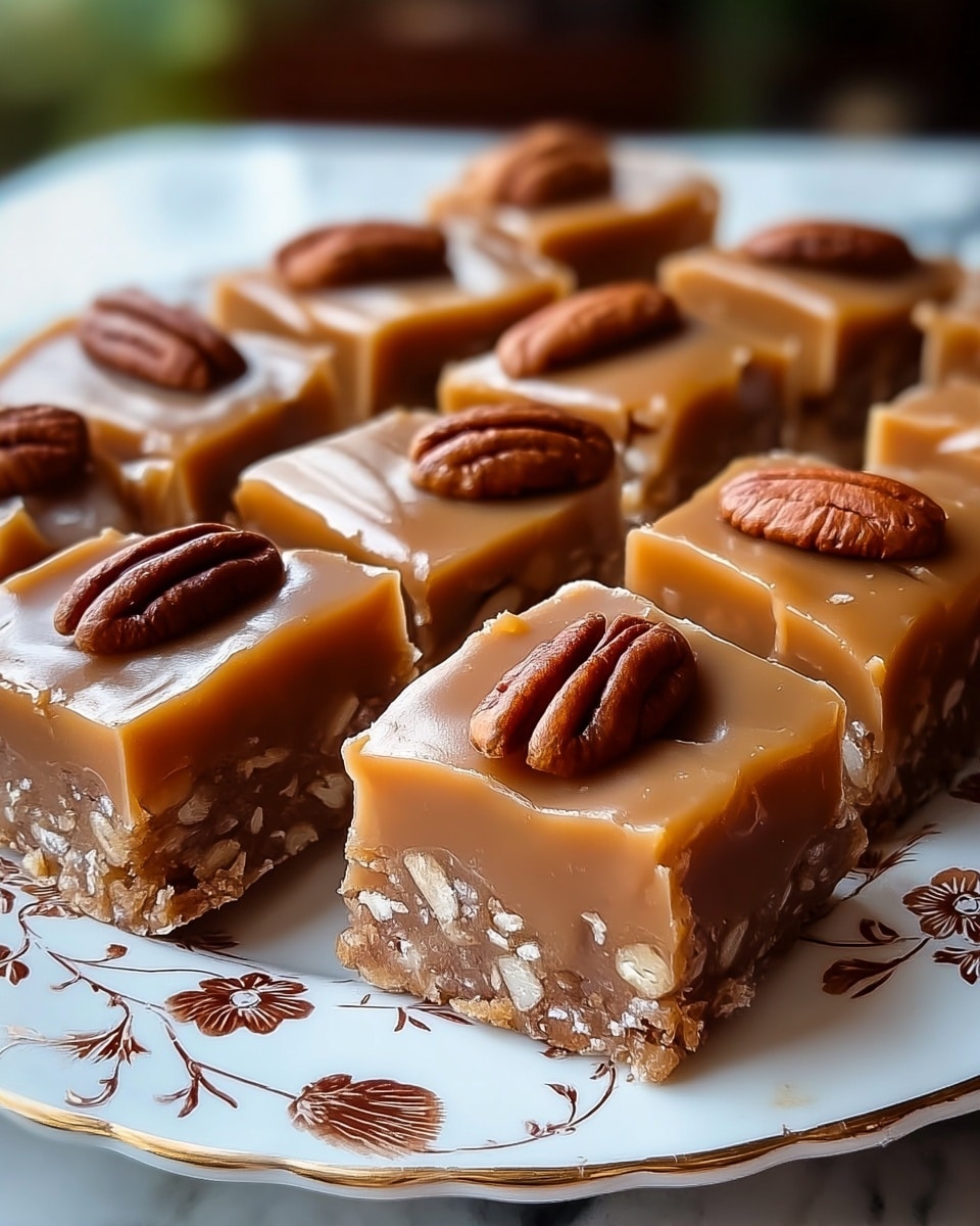The image shows a plate filled with square-shaped caramel nut bars arranged neatly in rows. Each bar has three visible layers: the bottom layer is a crunchy, light brown base with bits of nuts, the middle layer is a smooth, glossy caramel coating that covers the whole bar, and the top layer features a single large pecan half placed in the center, adding a textured brown detail. The plate is round with a white color and delicate brown floral patterns. The background is a white marbled surface, and the focus is close-up, highlighting the shiny and nutty textures of the bars. photo taken with an iphone --ar 4:5 --v 7