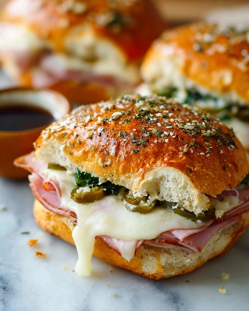 The image shows a close-up of a sandwich made with a golden brown bun sprinkled with herbs and cheese on top. The sandwich has three main layers: the bottom layer is light pink ham, the middle layer is melted white cheese with green jalapeño slices scattered across it, and some greens peeking through, while the top bun lightly covers these ingredients. The bun has a slightly shiny, crispy texture with visible seasoning. The sandwich is placed on a white marbled surface with another sandwich blurred in the background and small bowls on the sides. Photo taken with an iphone --ar 4:5 --v 7