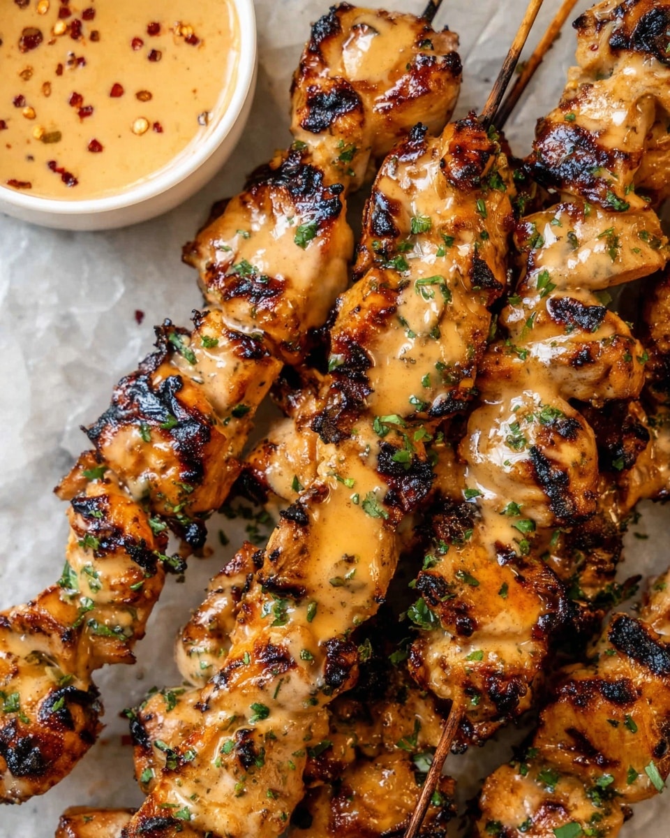 The image shows several wooden skewers with grilled chicken pieces stacked closely on a white marbled surface. The chicken is golden brown with charred black marks and covered with a creamy, light orange sauce, sprinkled with green herbs and small red spice flakes. On the upper left corner, there is a small white bowl filled with the same creamy sauce, speckled with red spices. The skewers are arranged to cover most of the surface, creating a dense and rich presentation of the grilled dish. Photo taken with an iphone --ar 4:5 --v 7