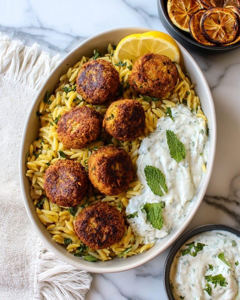 Greek Chicken Meatballs with Tzatziki Sauce and Lemon Herb Orzo Recipe