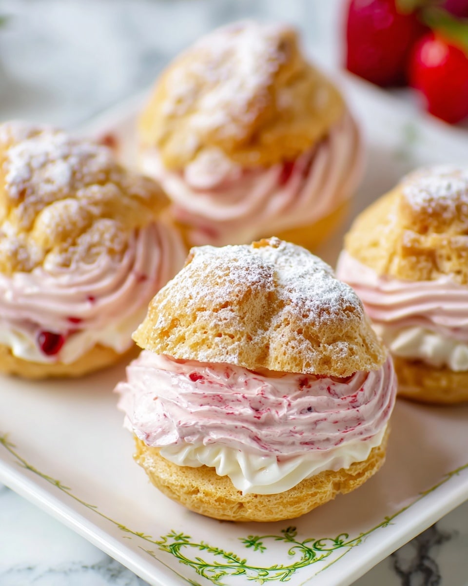 The image shows cream-filled cream puffs arranged on a white rectangular plate with a green vine design near the edge. Each cream puff has two layers: the top layer is a golden brown, lightly crumbly pastry dusted with powdered sugar, and the bottom layer is a thick swirl of light pink cream with visible bits of red fruit, creating a textured, wavy pattern. The background is a white marbled texture with some strawberries slightly out of focus near the plate edges. photo taken with an iphone --ar 4:5 --v 7