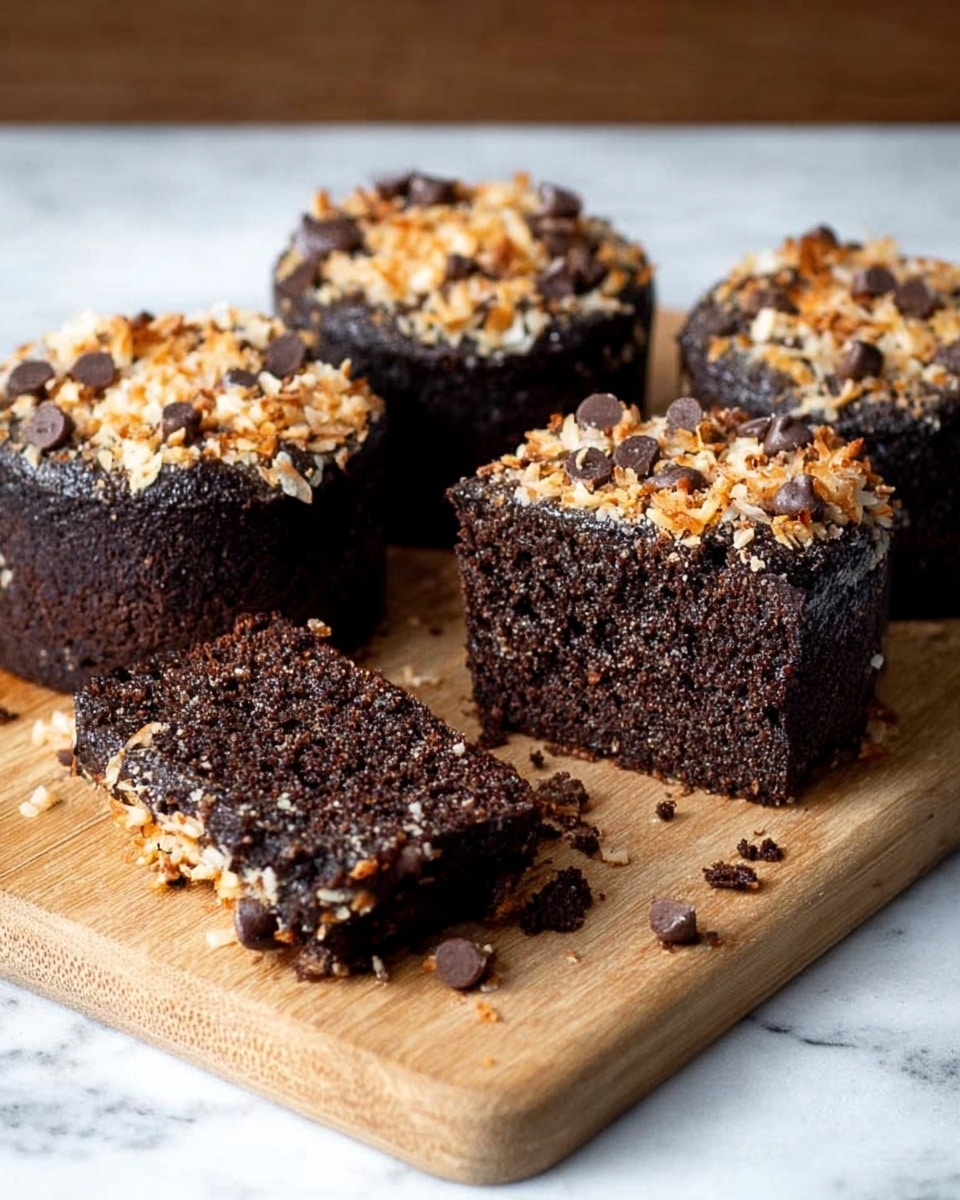 The image shows four small chocolate cakes on a wooden cutting board set on a white marbled surface. Each cake is dark brown and moist with a rough texture. The top layer is sprinkled with toasted coconut flakes and small chocolate chips, giving a mix of tan and dark brown colors with a crunchy look. One cake is sliced, showing a dense and rich inside with a piece lying flat on the board. The scene is lit naturally, highlighting the textures and colors of the cakes. photo taken with an iphone --ar 4:5 --v 7