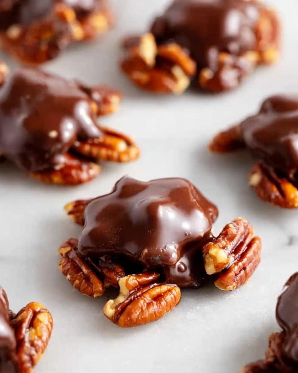 The image shows several small clusters of glossy, dark brown chocolate sitting on top of shiny, golden-brown pecan halves arranged irregularly on a smooth white marbled surface. Each cluster appears thick with a rough texture from the pecans underneath, and the chocolate topping looks soft and slightly melted, creating a rich contrast between the creamy chocolate and the crunchy nuts. The close-up view emphasizes the glossy shine of the chocolate and the detailed texture of the pecans beneath. photo taken with an iphone --ar 4:5 --v 7