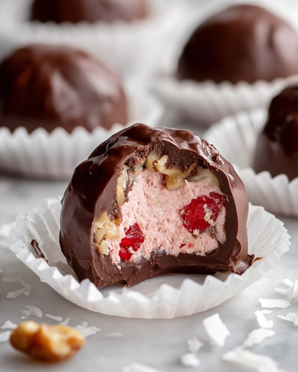A close-up of a chocolate-covered round candy with a slightly rough texture, broken open to reveal three layers inside: a glossy dark brown chocolate shell on the outside, a creamy light pink center with visible small red cherry pieces, and bits of light brown nuts mixed within the pink layer. The candy is placed in a white pleated paper cup, resting on a white marbled surface scattered with white coconut flakes and a small piece of nut. Other similar chocolate candies, also in white paper cups, are blurred in the background. Photo taken with an iphone --ar 4:5 --v 7