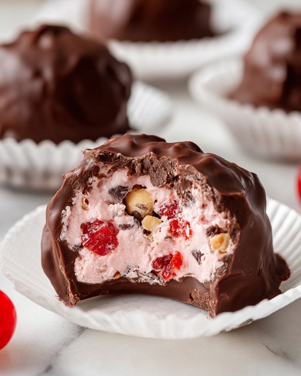 A round chocolate-covered treat sits on a white paper cup on a white marbled surface, partially bitten to show three inside layers: a smooth, creamy pink layer with small dark chocolate bits, bright red cherry pieces, and small nut pieces adding texture. The chocolate coating has a slightly rough surface with some cracks where the inside is visible. In the blurred background, there are more similar chocolate treats on white paper cups. Photo taken with an iphone --ar 4:5 --v 7