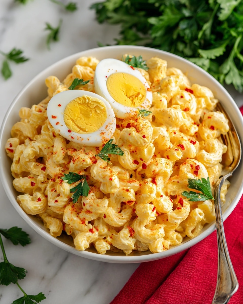 The image shows a bowl full of creamy macaroni salad made with small elbow pasta. The pasta is coated in a thick, yellowish dressing with small bits of red pepper mixed in. On top, there are two half slices of a boiled egg with a firm yellow yolk and a garnishing of green parsley leaves scattered around. A silver spoon is partially buried in the salad, on the right side of the bowl. The bowl is white and placed on a white marbled surface with a red cloth nearby and some fresh green herbs blurred in the background. Photo taken with an iphone --ar 4:5 --v 7