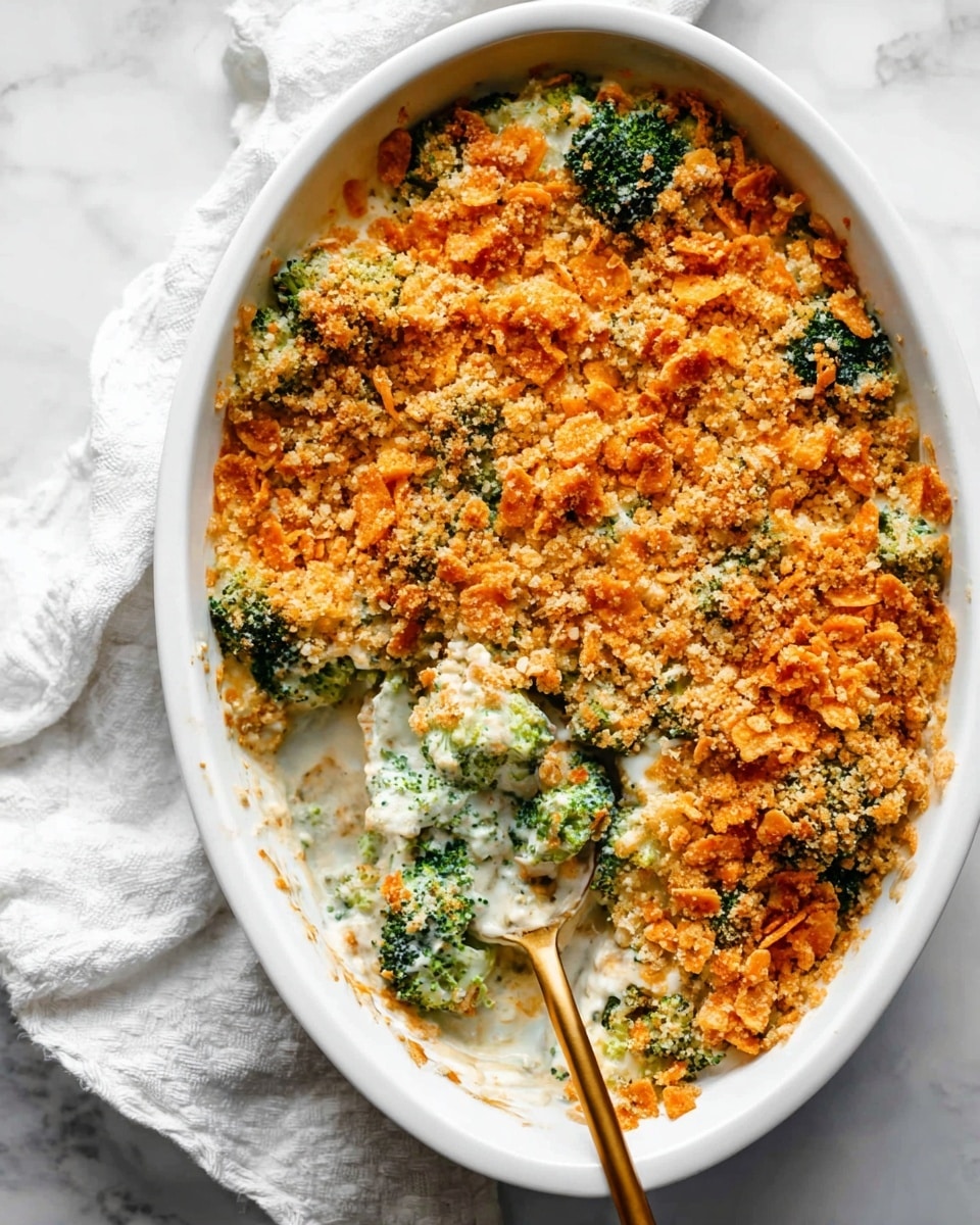 The image shows a white oval baking dish filled with a broccoli casserole. The top layer is golden and crunchy with crushed orange-colored chips or crumbs, creating a rough, textured surface. Below this is a creamy white sauce mixed with bright green broccoli pieces visible where the scoop is taken out with a gold spoon resting on the side. The broccoli florets are thick and scattered throughout the creamy layer beneath the crispy topping. The dish rests on a white marbled surface with a white cloth napkin folded next to it. Photo taken with an iphone --ar 4:5 --v 7
