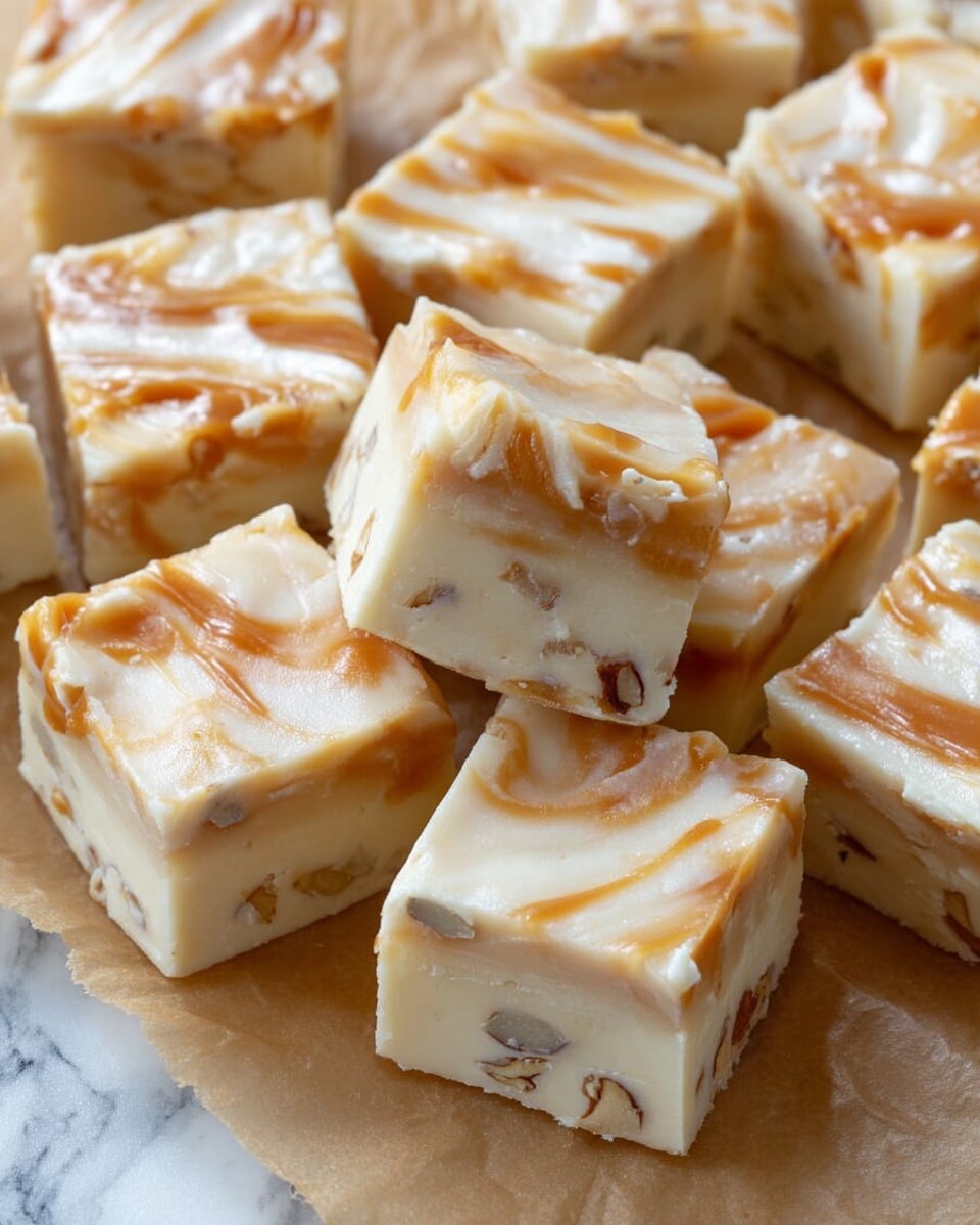 The image shows several square pieces of creamy white fudge with three visible layers, resting on a light brown parchment paper over a white marbled surface. The bottom layer is smooth and white, the middle layer has scattered pieces of nuts giving a textured look, and the top layer is a swirl of caramel colored sauce blending softly into the white fudge. Each piece has a shiny, glossy surface, showing the soft and rich texture of the fudge with caramel drizzled unevenly on top. photo taken with an iphone --ar 4:5 --v 7