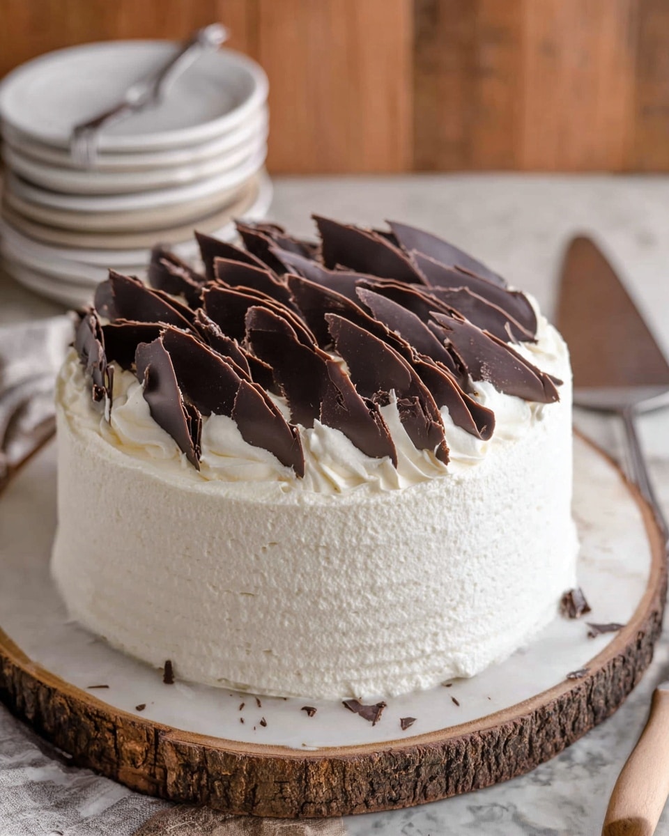 A round cake with a thick layer of smooth white frosting covering the whole outside evenly, showing a subtle textured pattern around the sides. The top of the cake is decorated with many thin, curled dark chocolate pieces layered closely together, giving a rich and elegant look. The cake sits on a rustic wooden board with a white marbled surface visible underneath. In the background, there are stacked white plates and a cake server. photo taken with an iphone --ar 4:5 --v 7