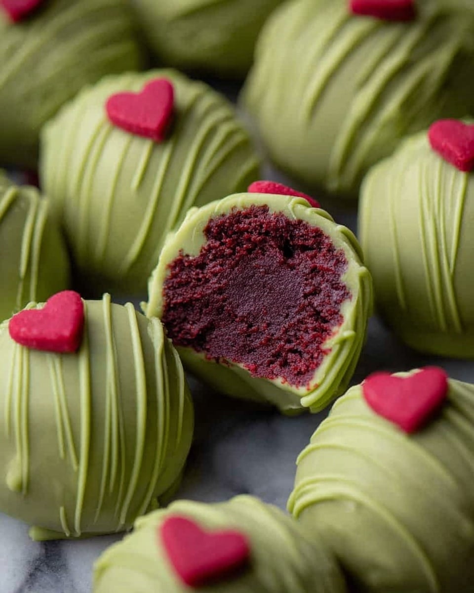 The image shows green round truffles with smooth outer layers and thin green drizzles on top, each decorated with a small red heart-shaped piece. One truffle is cut in half, revealing a dark red, dense, and moist inside. The truffles are closely packed together on a white marbled surface. photo taken with an iphone --ar 4:5 --v 7