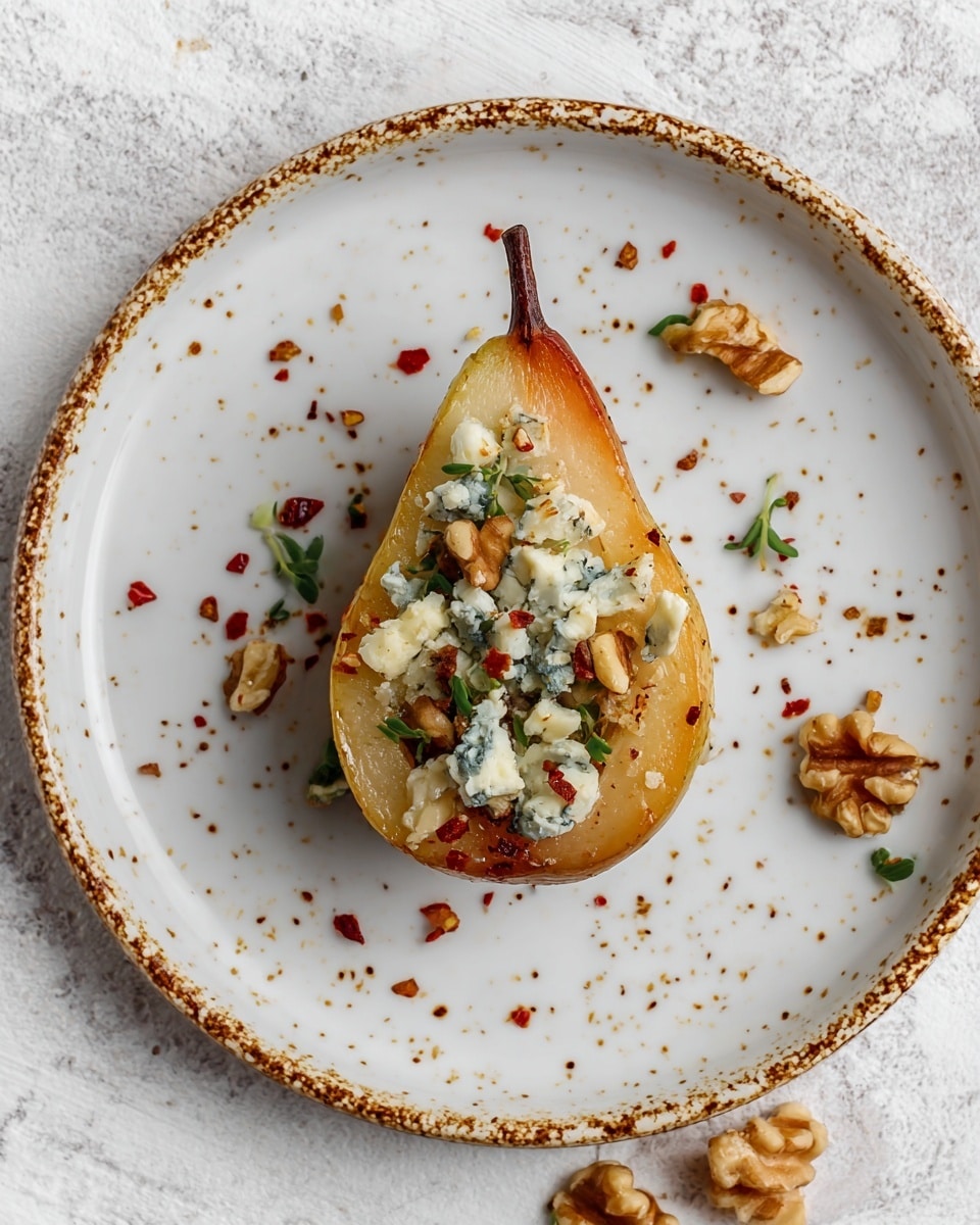 A single pear half with a golden-brown roasted color is placed in the center of a white plate with brown speckles. The pear is filled with a topping that includes crumbled blue cheese, small green herbs, and chopped walnuts, scattered on top with some red pepper flakes sprinkled over the pear. The plate stands on a white marbled texture surface, with a few small pieces of walnut and red flakes around it. photo taken with an iphone --ar 4:5 --v 7