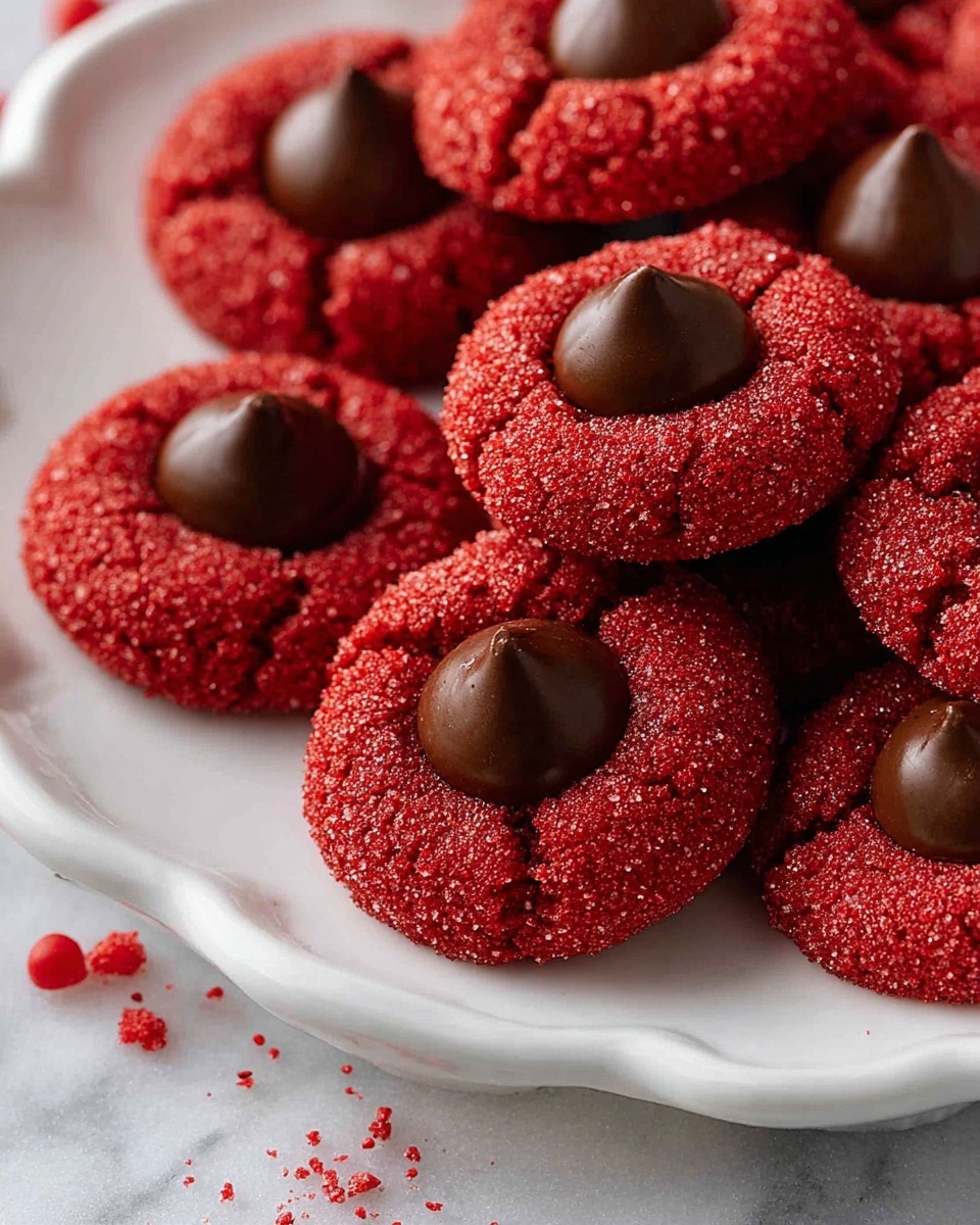 A close-up view of red thumbprint cookies arranged in a white scalloped plate on a white marbled surface. Each cookie has one layer of a rough, sugar-coated red dough with a crackled texture. The center of each cookie has a single smooth, glossy, dark brown chocolate kiss sitting upright, creating a deep contrast between the red and brown. The cookies are piled slightly on top of each other, filling the plate. Small red sugar crumbs are scattered around on the white marbled surface, adding to the festive look. Photo taken with an iphone --ar 4:5 --v 7