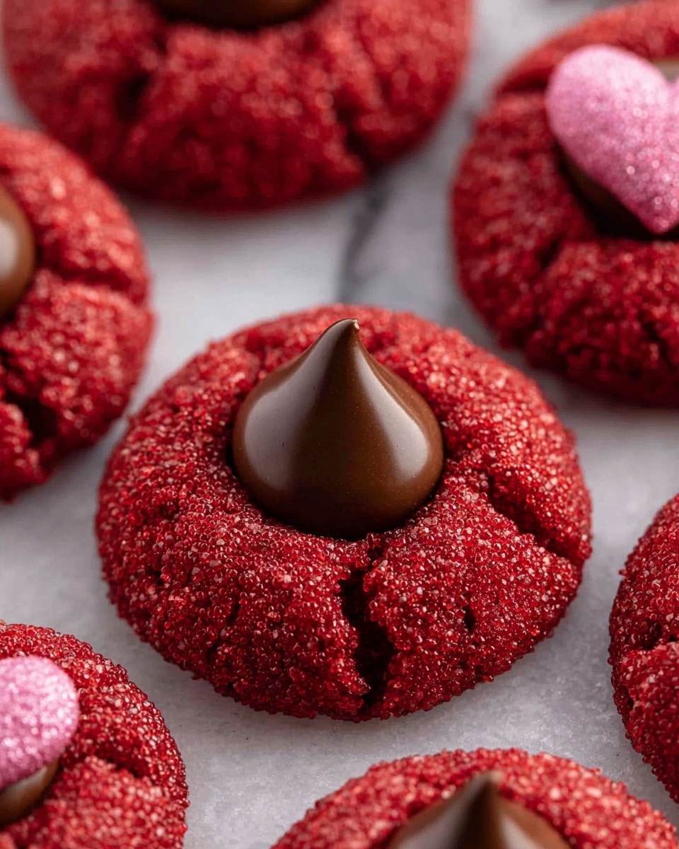 The image shows several round cookies with a cracked texture on the outside, coated in bright red sugar crystals, giving a rough and sparkly look. Each cookie has a smooth, shiny dark brown chocolate kiss placed in the center on top, creating a clear two-layer structure. In the background, there is one cookie topped with a shiny pink heart shape, also centered on the red sugar crust. All cookies are resting on a white marbled surface that adds a clean, bright feel to the scene. photo taken with an iphone --ar 4:5 --v 7