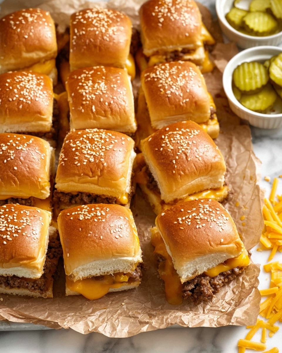 A close-up view of twelve square mini cheeseburgers arranged on crumpled brown parchment paper, each with a shiny, golden brown sesame seed topped bun. The top bun layers are smooth and soft with a light halo of sesame seeds. Below the buns are layers of melted orange cheddar cheese stretching between the sliders and browned ground beef patties visible inside the sandwiches. Some pickles with ridged texture sit in a small white bowl to the upper right and a few loose pickle slices and cheese shreds lie scattered around the edges on a white marbled surface. One slider is slightly pulled away revealing the center layers. photo taken with an iphone --ar 4:5 --v 7