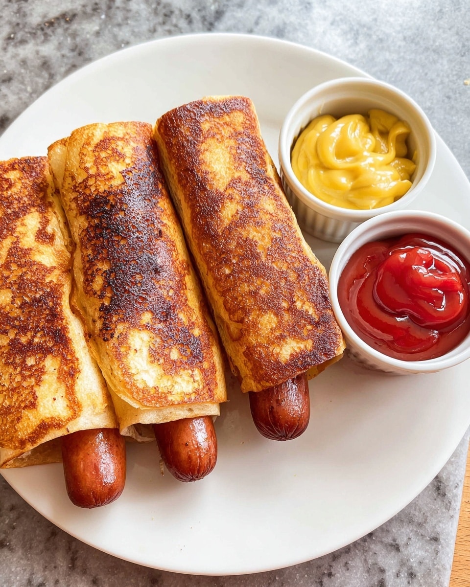 The image shows three toasted bread rolls wrapped around cooked hot dogs, arranged horizontally on a white plate. The toasted bread has a crispy, golden-brown texture with some darker grill marks, while the hot dogs peek out on the right side with a shiny surface. Behind the plate, there are two small white ramekins, one filled with curled bright yellow mustard and the other with smooth, glossy red ketchup. The whole setup is placed on a white marbled surface. photo taken with an iphone --ar 4:5 --v 7