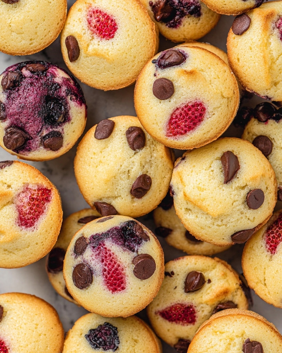 The image shows a close-up view of many mini muffins piled together on a white marbled surface. The muffins have a soft, golden-baked texture with three visible types: some have scattered dark brown chocolate chips on top, others have deep purple-blue blueberries inside with streaks of purple around them, and a few have pieces of bright red strawberries embedded in the batter. Each muffin is lightly browned on the edges with a fluffy, pale yellow interior. The muffins are arranged randomly, filling the whole frame with no visible plate or bowl. photo taken with an iphone --ar 4:5 --v 7
