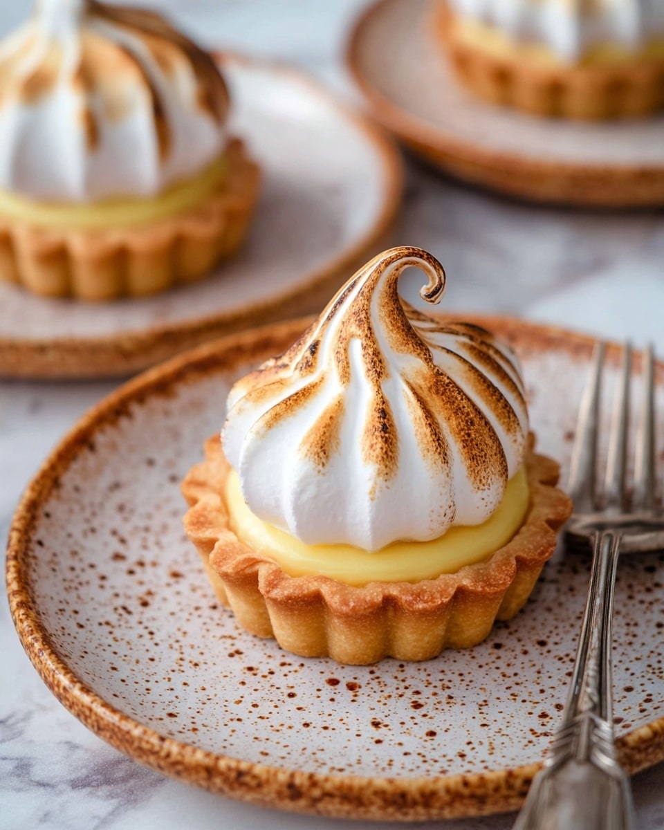 The image shows a small tart with three layers, placed on a white plate with speckled brown patterns; the plate rests on a white marbled surface. The bottom layer is a golden brown, crispy tart shell shaped with a scalloped edge. The middle layer is a smooth, pale yellow custard filling. On top, there is a layer of white meringue with a toasted golden brown swirl, which peaks with a curl at the center. In the background, there are two more identical tarts slightly blurred. A vintage silver fork lies next to the tart on the plate. Photo taken with an iphone --ar 4:5 --v 7