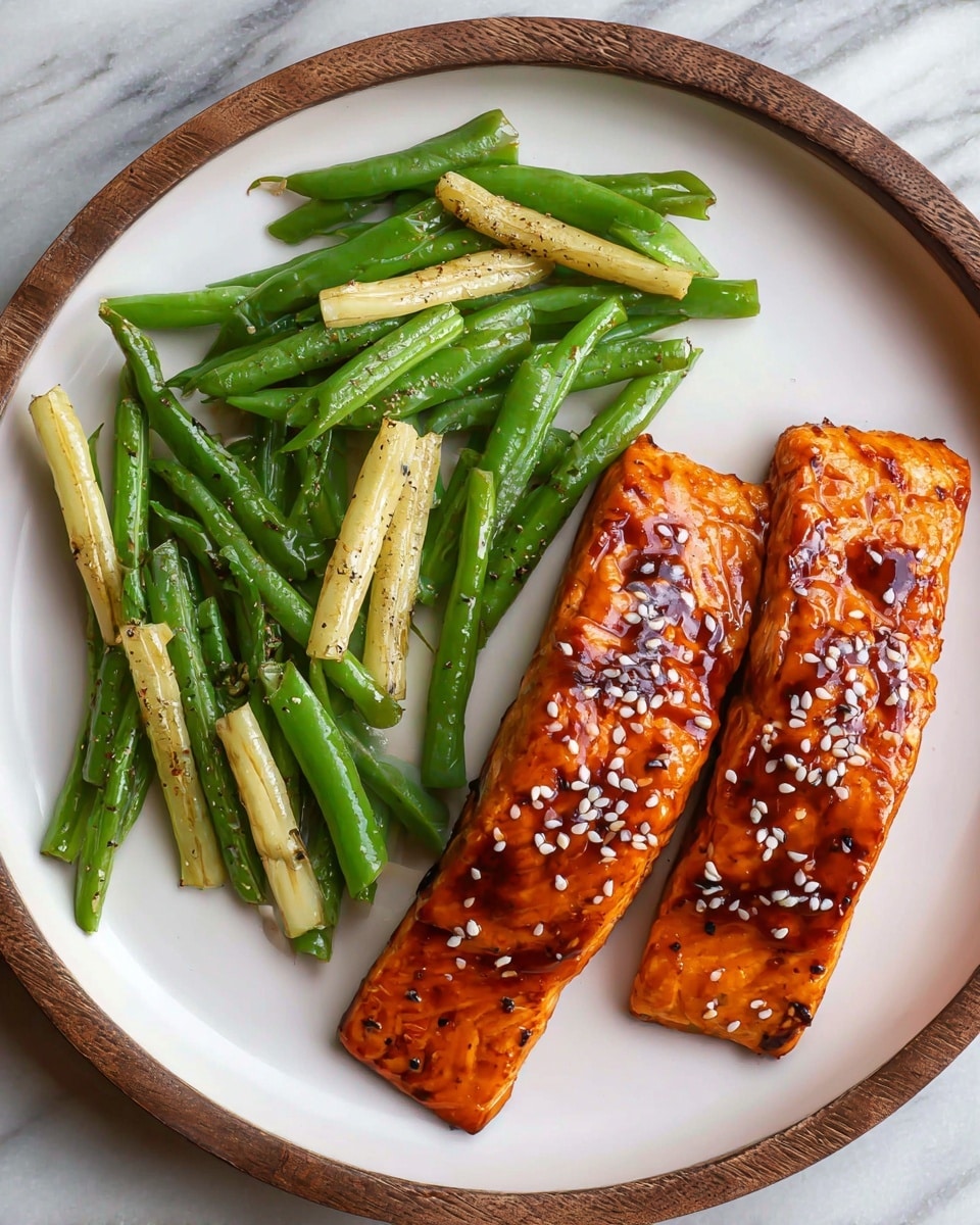 Two grilled salmon fillets with a shiny reddish-orange glaze covered in white sesame seeds sit on the left side of a large white round plate. On the right side, a mix of green and pale yellow cooked green beans is seasoned with black pepper, lightly piled next to the salmon. The plate is on a white marbled surface, and the overall look is fresh and simple. photo taken with an iphone --ar 4:5 --v 7