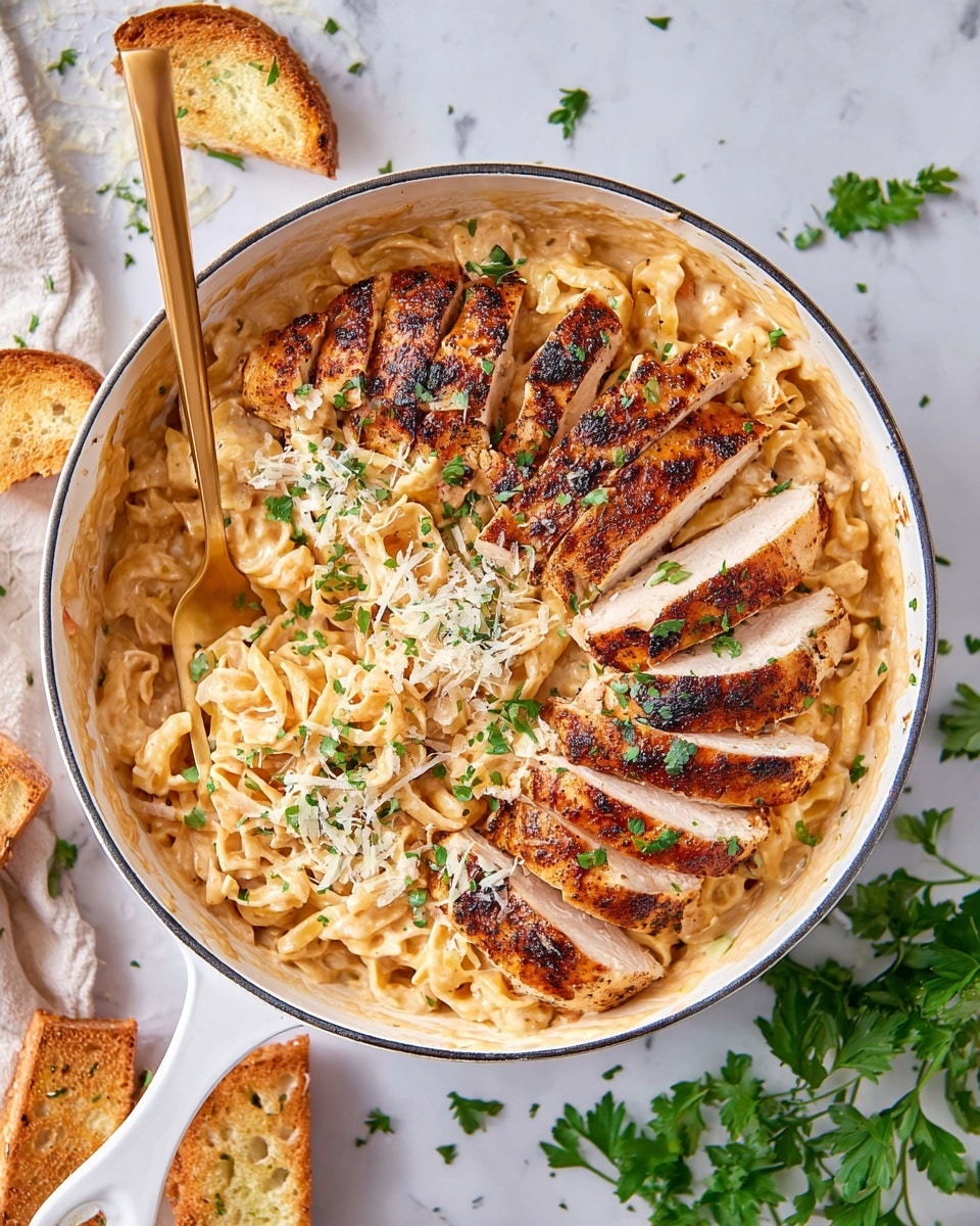 A white pot filled with creamy pasta as the bottom layer, smooth and light brown in color, mixed evenly. On top of the pasta rest five thick slices of grilled chicken breast with a golden brown, slightly charred crust and juicy white inside, arranged in a circular pattern. The chicken is sprinkled with finely chopped green herbs and grated white cheese. A gold fork sits inside the pot on the left side, partly touching the pasta. Around the pot, pieces of toasted white bread and fresh green parsley leaves are scattered on a white marbled surface, enhancing the warm and fresh look of the dish. Photo taken with an iphone --ar 4:5 --v 7