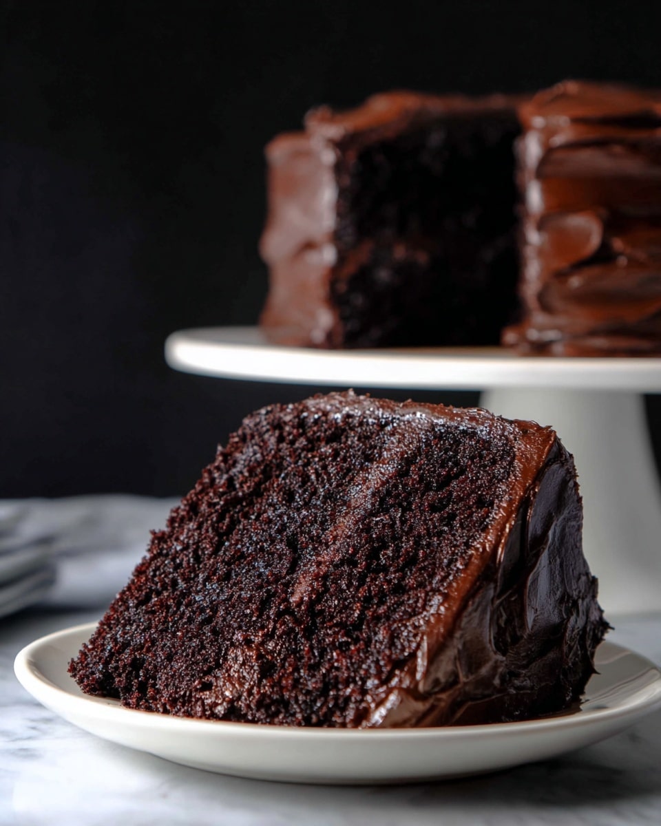 A close-up image of a thick slice of chocolate cake on a white plate, showing three moist, dark brown cake layers with a rich, glossy dark chocolate frosting covering the top and sides. The texture of the cake layers looks soft and crumbly, while the frosting is smooth and shiny. Some crumbs and frosting smear can be seen on the plate near a silver fork, which rests in front of the slice. The background is a white marbled texture. Photo taken with an iphone --ar 4:5 --v 7