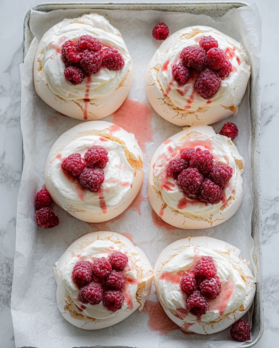 Six small round pavlovas are arranged on a baking tray lined with white parchment paper, placed on a white marbled surface. Each pavlova has three visible layers: the bottom layer is a light beige meringue with a rough, cracked texture; the middle layer is thick, white whipped cream spread on top; and the top layer consists of bright red raspberries in small clusters, with a pinkish syrup drizzled over and around the pavlovas, slightly pooling on the parchment paper. The image is well-lit and the colors are soft yet vivid. Photo taken with an iphone --ar 4:5 --v 7