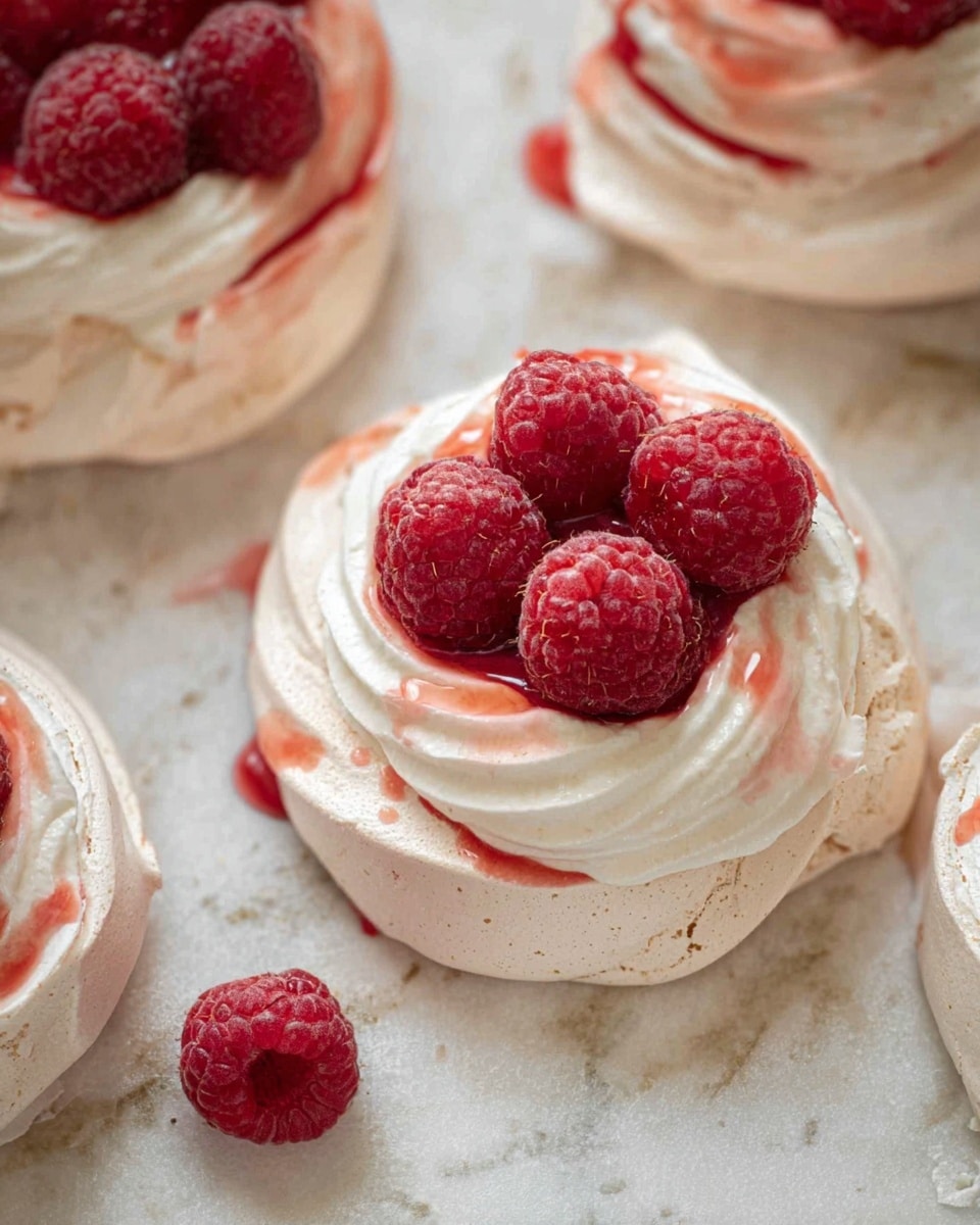 The image shows a close-up of small pavlovas placed on a white marbled surface. Each pavlova has three visible layers: a bottom layer of light beige meringue with a slightly cracked texture, a middle layer of creamy white whipped topping spread thickly, and a top layer of bright red raspberries clustered in the center. The whipped topping has a soft, smooth texture with slight swirls, and some red sauce lightly drips around the edges of the meringue, adding extra color contrast. A single raspberry sits near one of the pavlovas on the surface. photo taken with an iphone --ar 4:5 --v 7