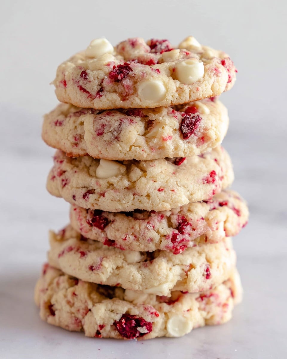 A stack of six thick, soft cookies with a rough texture is shown here, each cookie embedded with red berry bits and white chocolate chips. The cookies have a creamy off-white base color with scattered bright red berry pieces giving a speckled look, while the white chocolate pieces add patches of smooth, shiny white. The cookies are piled one on top of the other against a clean white marbled surface, showing their chunky, moist texture and slightly uneven round shapes. photo taken with an iphone --ar 4:5 --v 7