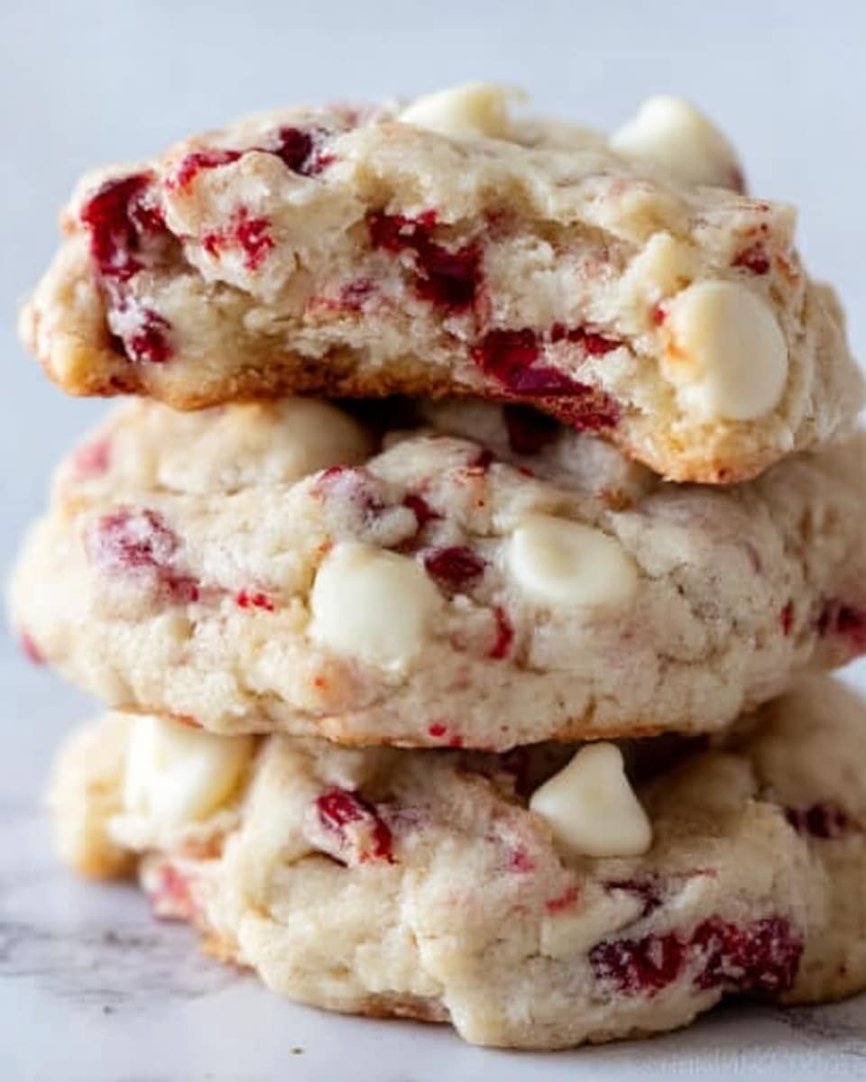 A close-up view of a stack of three cookies, each with a rough texture and creamy white dough mixed with red fruit pieces scattered throughout. The top cookie has a bite taken out, showing a soft, slightly gooey inside with visible white chocolate chips. The cookies have an uneven surface with small bumps and cracks, and the red fruit bits add speckles of color on the pale dough. The background is a white marbled texture. photo taken with an iphone --ar 4:5 --v 7