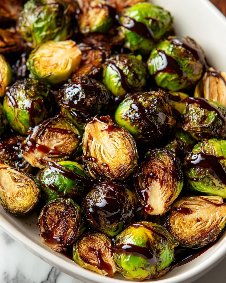 The image shows a white pan filled with roasted Brussels sprouts, some whole and some cut in half. The outer leaves of the sprouts are charred and crispy, with a dark green and brown color, while the cut halves reveal tightly packed layers of light green and cream with a caramelized, golden-brown top. A thick, dark balsamic glaze is drizzled unevenly over the sprouts, pooling slightly at the bottom of the pan, giving a glossy texture. The pan rests on a white marbled surface, adding brightness to the rustic look of the roasted vegetables. Photo taken with an iphone --ar 4:5 --v 7