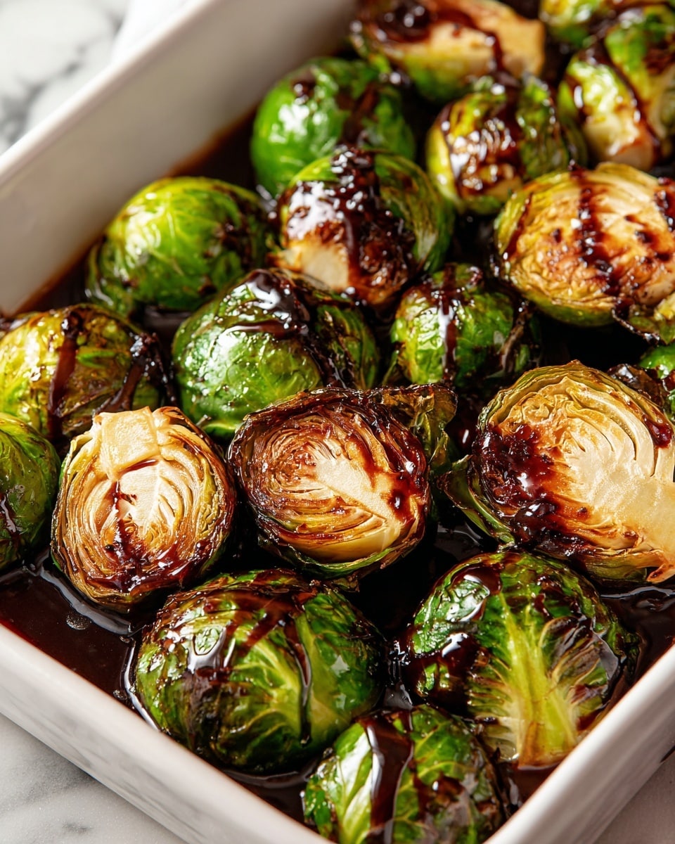 The image shows halved Brussels sprouts, roasted with a browned, slightly charred texture on the cut sides, revealing light tan inner layers with green outer leaves. They are covered generously in a dark, glossy balsamic glaze that pools around them on a white rectangular dish. The green outer leaves have a shiny, cooked look with some crisp edges, and the glaze adds a rich, thick contrast to the vibrant green and caramelized brown colors. The dish rests on a white marbled surface. photo taken with an iphone --ar 4:5 --v 7