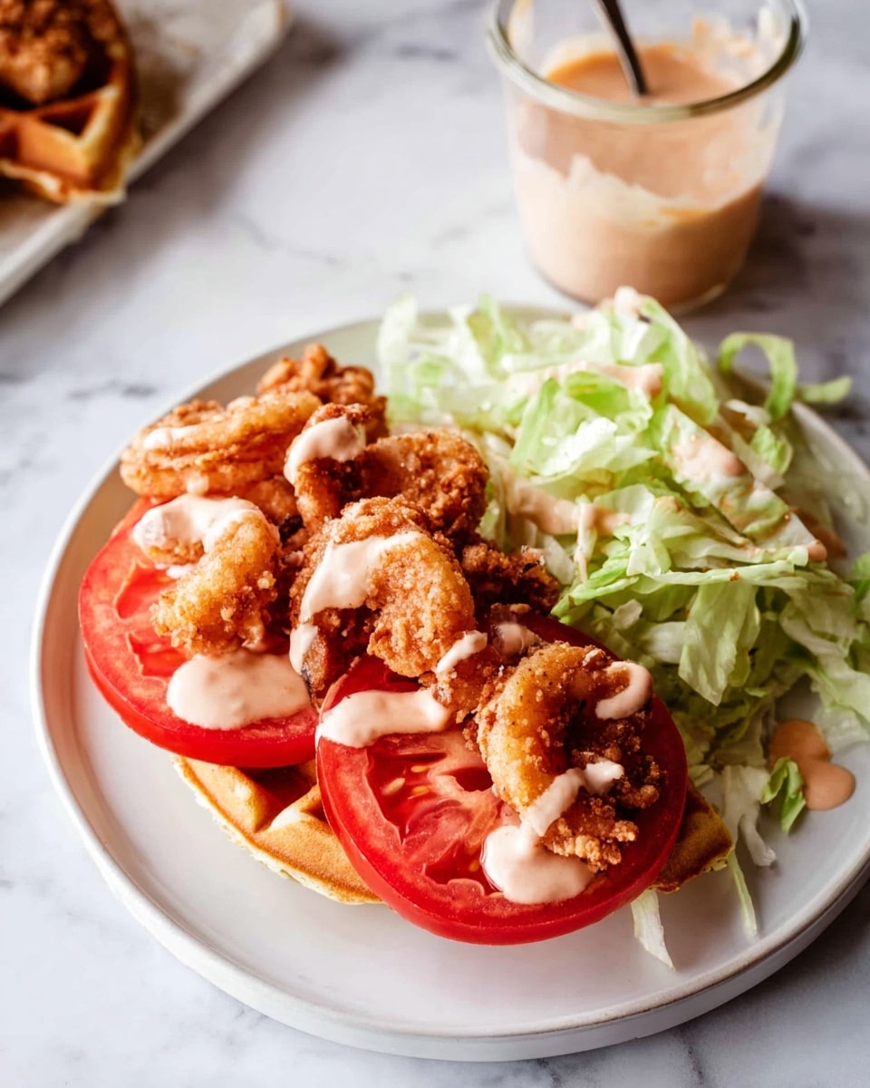 A white plate with a waffle at the bottom, topped with several layers: three thick red tomato slices laid flat, several golden-brown fried shrimp stacked unevenly on top of the tomatoes, and thinly shredded light green lettuce placed beside the shrimp. The whole dish is lightly drizzled with a pale pink creamy sauce. The plate sits on a white marbled surface with a small glass jar filled with the same pink sauce and a spoon resting inside it nearby. photo taken with an iphone --ar 4:5 --v 7