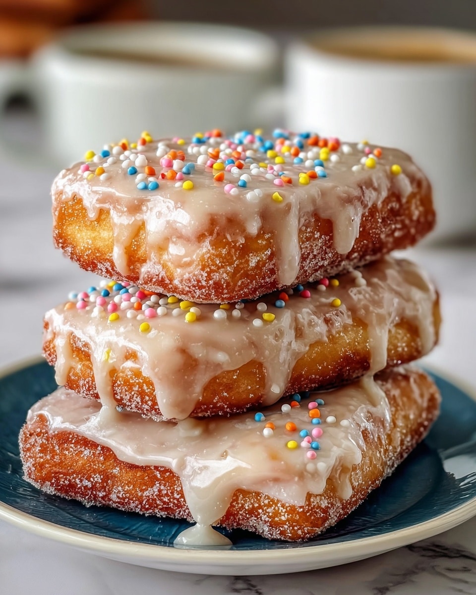 Three rectangular fried dough pieces are stacked on a white plate with a blue inner surface. Each layer is coated with a thick glossy light beige glaze that drips down the sides, giving a shiny texture. The top dough piece is decorated with small, round, colorful sprinkles in red, yellow, blue, white, and orange, adding a playful touch. The fried dough has a golden-brown color with a slightly crispy texture visible under the glaze. The background features a blurred white cup with coffee on a white marbled surface. Photo taken with an iphone --ar 4:5 --v 7