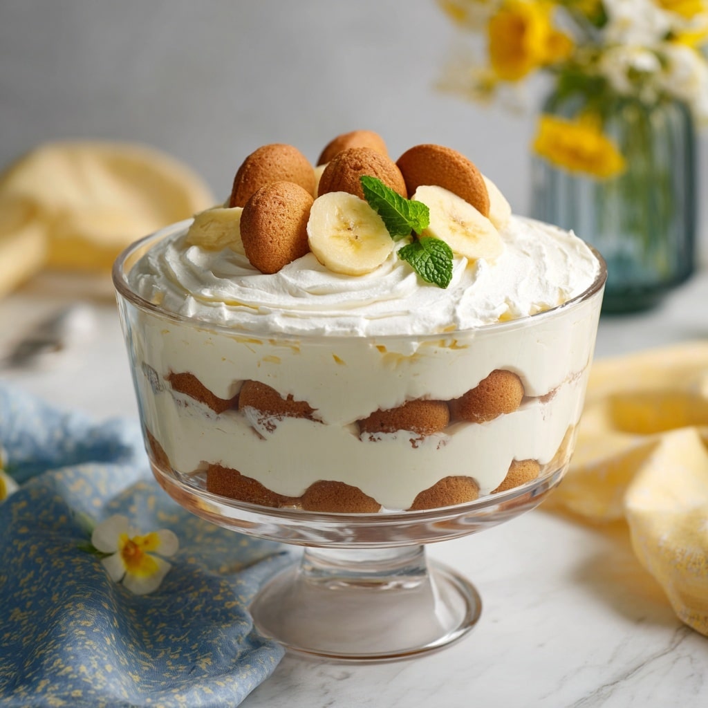 A three-layer dessert in a clear glass bowl on a white marbled surface shows bottom and middle layers of round light brown cookies soaked in custard cream, topped with a thick, smooth white whipped cream layer. On the whipped cream surface, there are several light yellow banana slices arranged in a small cluster next to three whole cookies with a golden-brown color and a small green mint leaf as decoration. The background has soft yellow and blue cloths and a blurred glass jar with flowers. Photo taken with an iphone --ar 4:5 --v 7