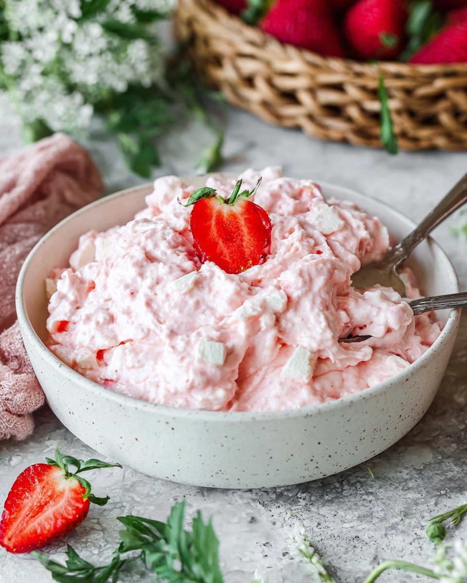 A bowl filled with a fluffy, light pink creamy dish that has visible small white chunks mixed throughout, giving it a textured look. On top, there is a single large strawberry sliced partially but still attached, placed in the center as garnish. A silver spoon rests inside the bowl, slightly sinking into the pink mixture. The bowl is white with subtle speckles and sits on a white marbled surface. Around the bowl, there are some green leafy sprigs and a few whole strawberries, adding a fresh touch. In the background, a woven basket with red strawberries and white flowers is slightly out of focus. photo taken with an iphone --ar 4:5 --v 7