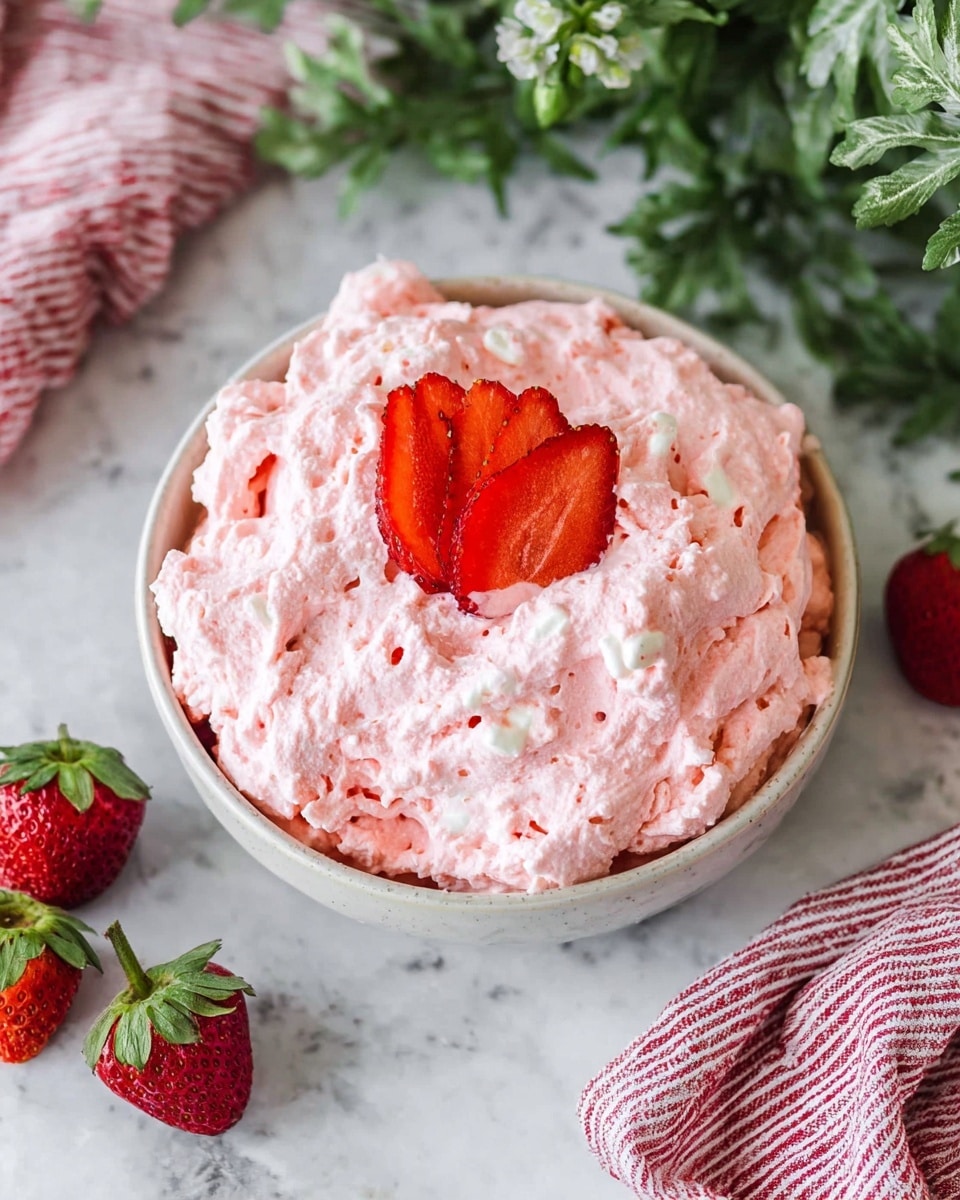 A bowl filled with a fluffy, creamy pink mix that has a thick and soft texture, with small white chunks visible throughout. The bowl is white with a smooth finish, sitting on a white marbled surface. On top of the pink mixture, there is a fanned out sliced strawberry with a bright red color and green leafy top. Around the bowl on the surface are several whole strawberries with green tops, a red-striped cloth, and some green leafy plants. Photo taken with an iphone --ar 4:5 --v 7