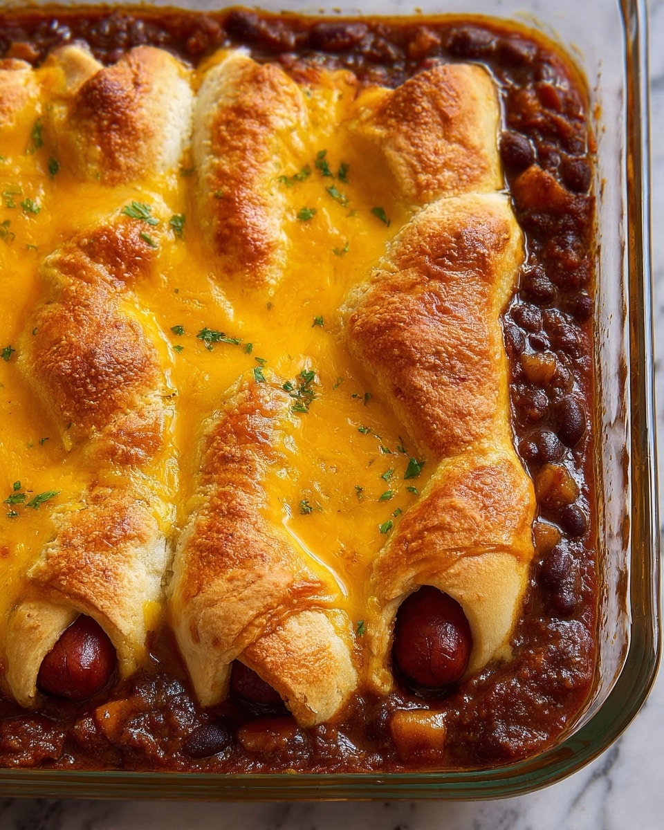 The image shows a glass baking dish filled with three baked hot dogs wrapped in golden-brown, crispy dough layers. Each hot dog is surrounded by melted bright yellow cheddar cheese that spreads across the middle of the dish, showing a smooth and gooey texture. Around the cheese and dough, there is a thick, dark brown chili layer with a chunky texture, filling the edges of the dish. Small green herb pieces are sprinkled lightly on top of the dough and cheese, adding a touch of color. The photo is taken on a white marbled surface. photo taken with an iphone --ar 4:5 --v 7