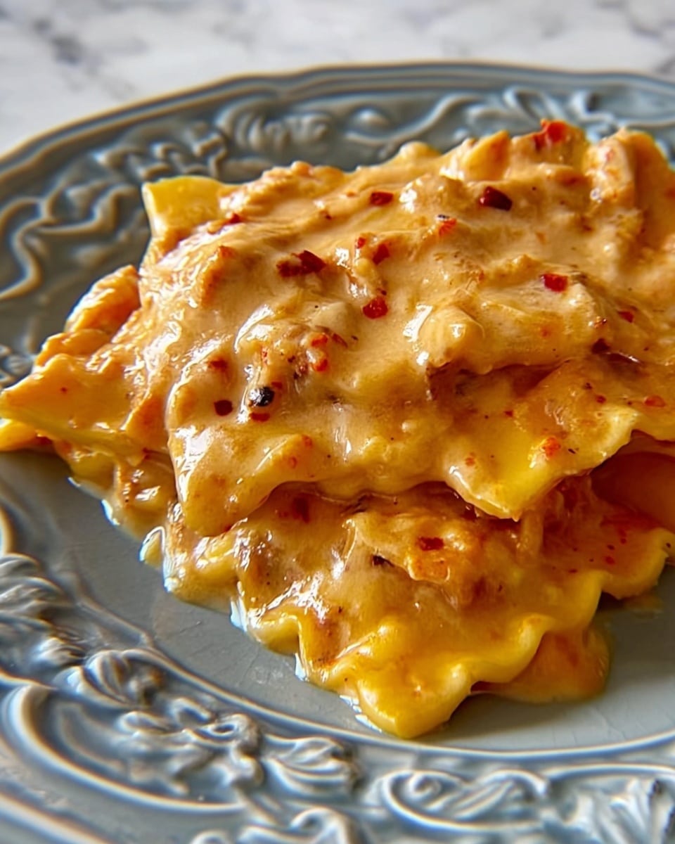 A close-up of a dish with two layers of folded, orange-yellow cooked pasta sheets covered with a thick, creamy, beige sauce that has visible small red and black specks, spread unevenly over the pasta. The sauce looks smooth and slightly glossy, with some areas where it pools and drips off the edges, giving a rich and dense texture. The pasta edges are ruffled, and the whole dish sits on a white plate with ornate, raised floral patterns. The background is a white marbled texture. photo taken with an iphone --ar 4:5 --v 7