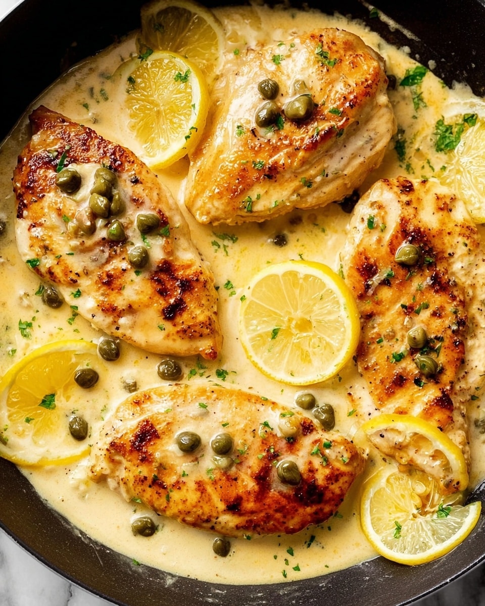 The image shows four golden-brown grilled chicken breasts in a creamy, pale yellow sauce. The chicken pieces have a slightly crispy texture with small grilled marks on top, and each is garnished with small green capers and finely chopped green herbs. Around the chicken, there are bright yellow lemon wedges partially covered in sauce, adding color contrast. The dish is presented in a black pan with creamy sauce pooling around the chicken, creating a rich and appetizing look. The background is a white marbled texture. photo taken with an iphone --ar 4:5 --v 7