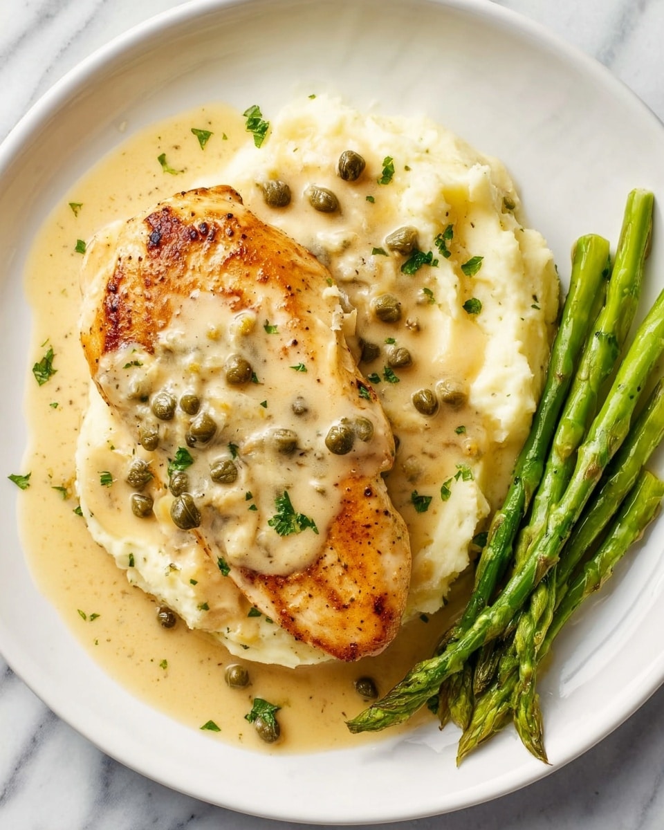 A white plate holds a creamy dish with three main parts: at the top left is a golden-brown cooked chicken breast covered partly with a light beige creamy sauce with small green capers and parsley bits; below it is a smooth, pale mashed potato layer mixed with the sauce and more capers, showing some texture and soft peaks; to the right side of the plate, several bright green asparagus spears are neatly arranged, adding a fresh contrast. The sauce pools lightly around the chicken and potatoes, creating an inviting, warm look. The plate is set against a white marbled texture. photo taken with an iphone --ar 4:5 --v 7