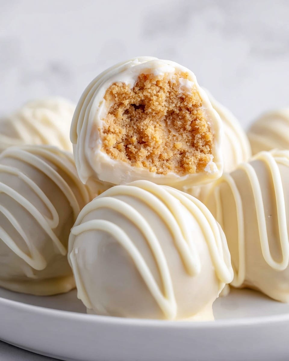 The image shows white chocolate truffles arranged on a white plate with a white marbled texture surface. Each truffle has a smooth, round outer layer of white chocolate with thin, wavy white chocolate drizzle on top. One truffle is bitten in half and positioned on top, revealing its inside layers: a rough light brown crumbly center on top and a solid white base layer at the bottom. The close-up view highlights the contrast between the creamy white chocolate shell and the sandy texture inside. Photo taken with an iphone --ar 4:5 --v 7