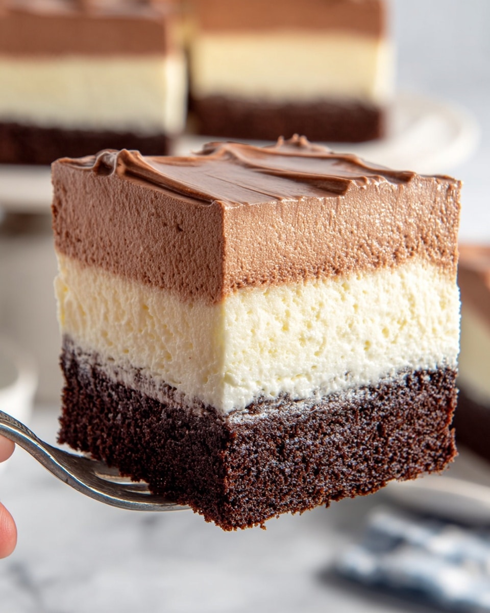 A close-up of a square layered dessert held by a woman's hand on a silver fork, showcasing three distinct layers: the bottom layer is a dense, dark brown cake with a slightly wet texture, the middle layer is a creamy off-white cheesecake with a smooth, rich surface, and the top layer is a thick, fluffy light brown mousse with some soft peaks and a glossy finish. The background shows the rest of the dessert with the same mousse layer, all sitting on a white marbled texture. photo taken with an iphone --ar 4:5 --v 7