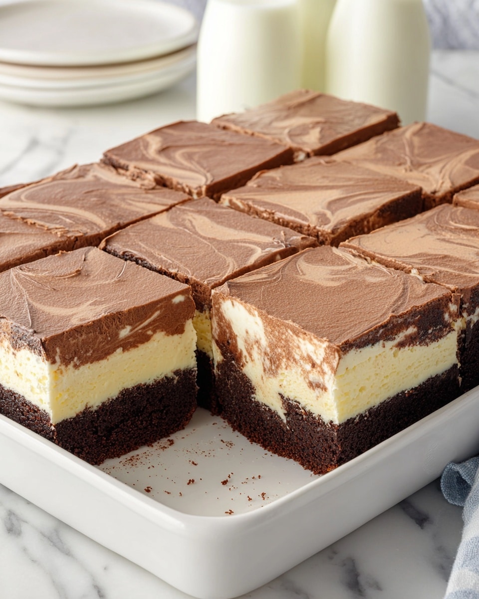 A white baking dish holds a layered dessert cut into nine square pieces. The bottom layer is a dark brown chocolate cake with a slightly moist texture. Above this is a creamy, light yellow cheesecake layer with some subtle marbling of chocolate, giving it a swirled look. The top layer is a thick, smooth chocolate mousse, light brown in color with a soft, fluffy texture and slight ripples on the surface. The dessert is shown with one square piece removed, revealing the clean, even layers inside. The dish sits on a white marbled surface with two bottles of milk blurred in the background. Photo taken with an iphone --ar 4:5 --v 7