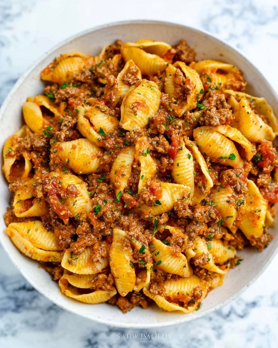 This dish shows a bowl full of pasta shells mixed with a thick meat sauce. The pasta shells are yellow and hold some of the brown, crumbly ground meat sauce inside and around them. The sauce looks rich and creamy with visible small bits of red, likely tomato, and green herbs sprinkled throughout. The texture is chunky and moist, covering each pasta shell well. The bowl is filled almost to the top and sits on a white marbled surface. photo taken with an iphone --ar 4:5 --v 7