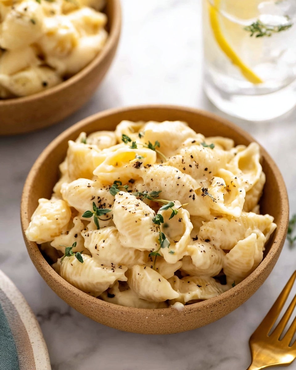 A close-up view of a bowl filled with creamy macaroni and cheese made from shell pasta, with a light yellow cheese sauce coating each shell. The pasta shows a soft, smooth texture, sprinkled with small bits of cracked black pepper and fresh green thyme leaves on top. The bowl itself is a rustic light brown color, round and filled generously. Around the bowl, there are blurred hints of another similar bowl, a glass of water with a lemon slice, and a gold fork, all set on a white marbled surface. photo taken with an iphone --ar 4:5 --v 7
